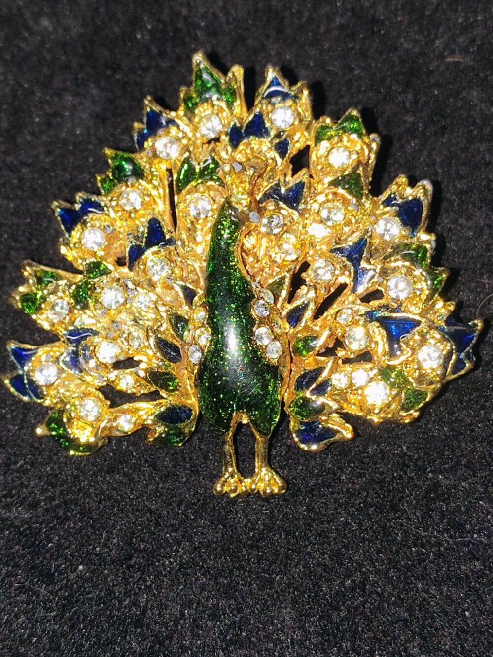 Vintage Enamel Peacock Brooch – Gold-Tone, Green & Blue Rhinestone Fan Tail
